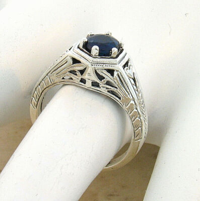 GENUINE BLUE SAPPH 925 STERLING SILVER DECO ANTIQUE STYLE SOLITAIRE RING  #512