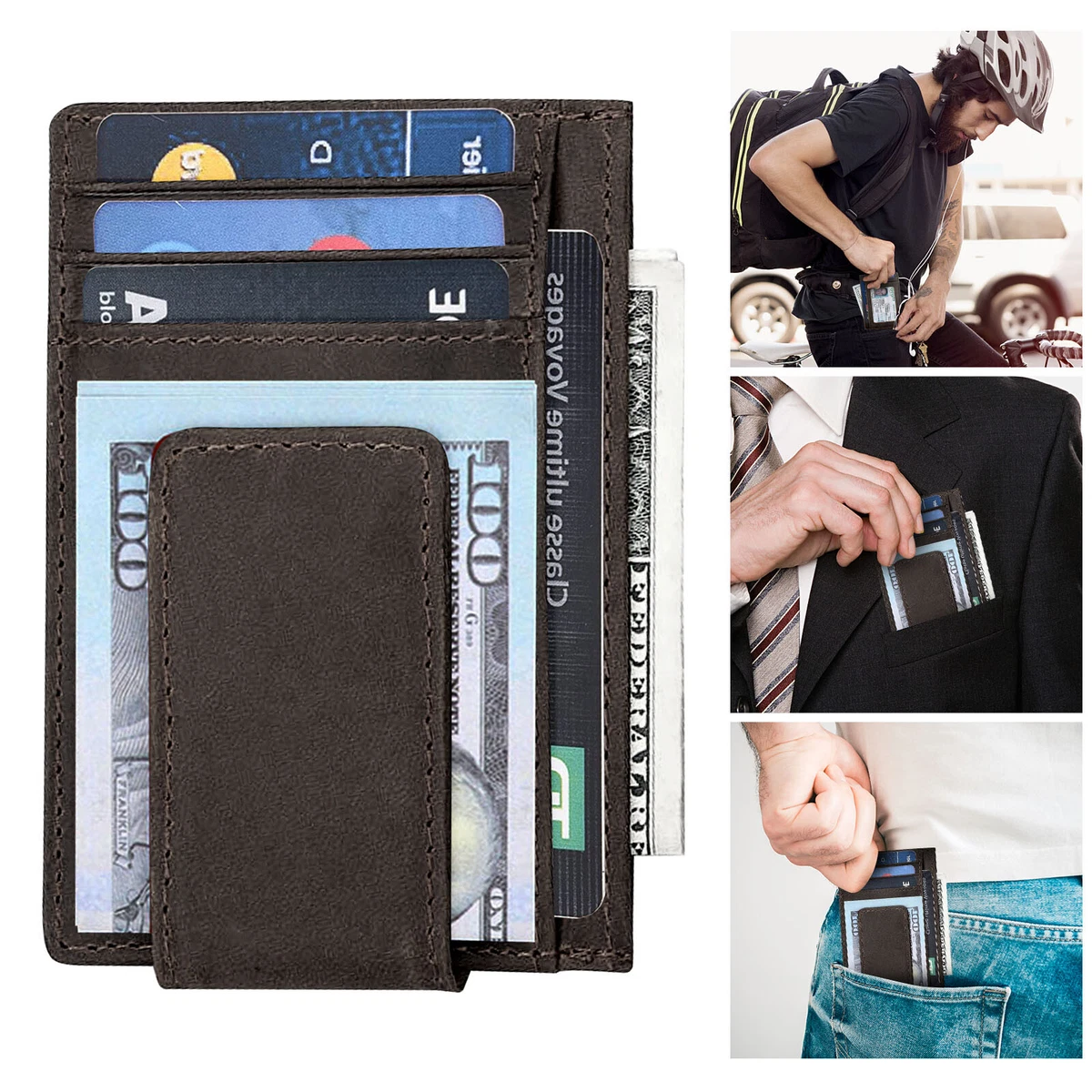 Mens Leather Money Clip Slim Front Pocket Wallet Magnetic ID