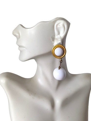 Vintage 80s Maximalist Oversized Gold & White Ball Dangling Clip On Earrings