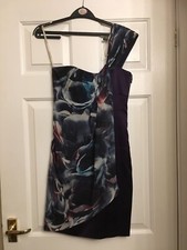 Karen Millen Vintage Purple/Multi Colour Asymmetrical Satin Aline Dress Size 8