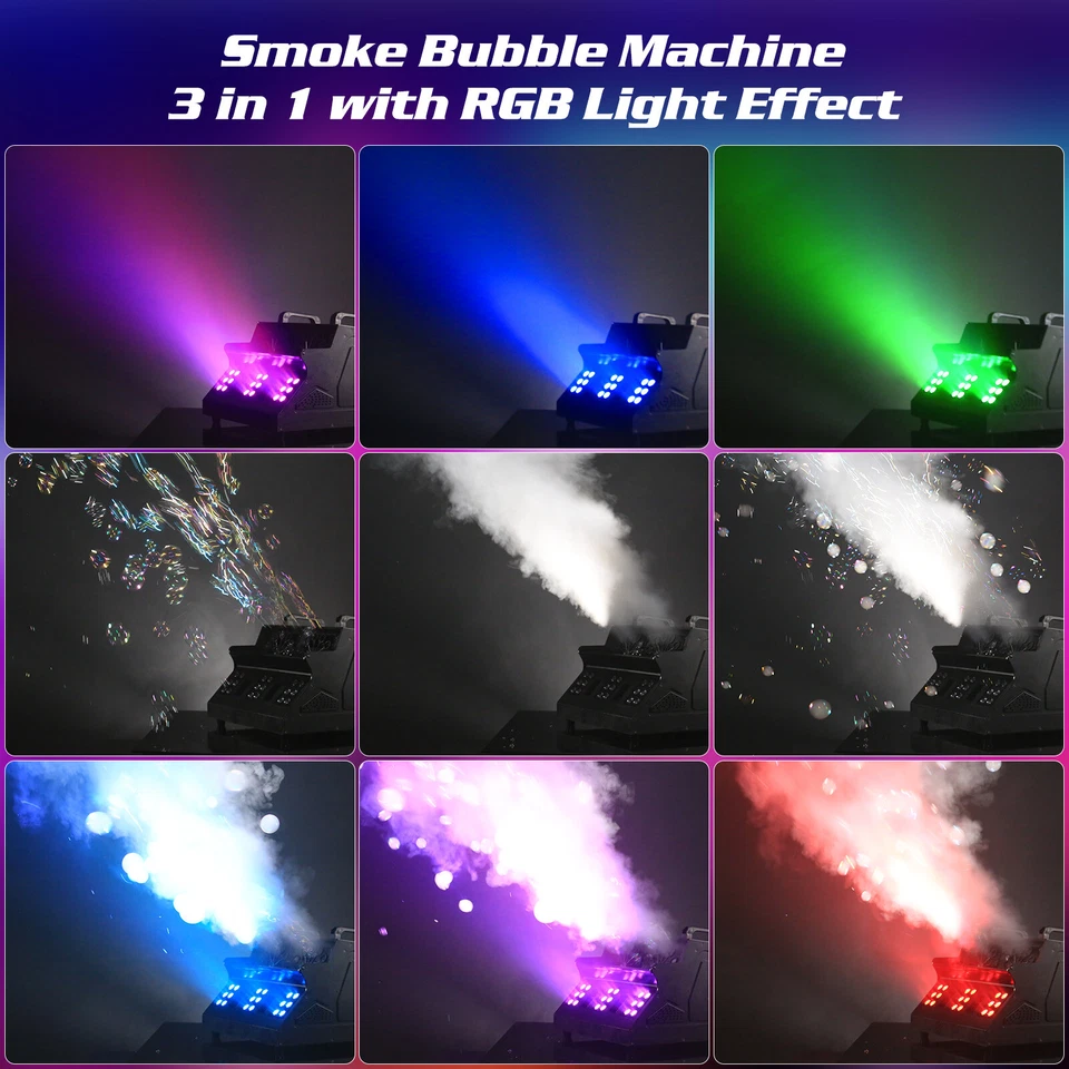 3 IN 1 Smoke Fog Bubble Machine LED Stage DJ Light Fogger DMX512 Remote Control - Image 2 of 4