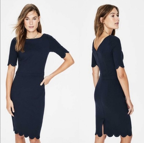 Neu mit Etikett Boden Emma Kleid mit gewelltem Besatz marineblau Ponte J0404 8L US 12L UK lang hoch