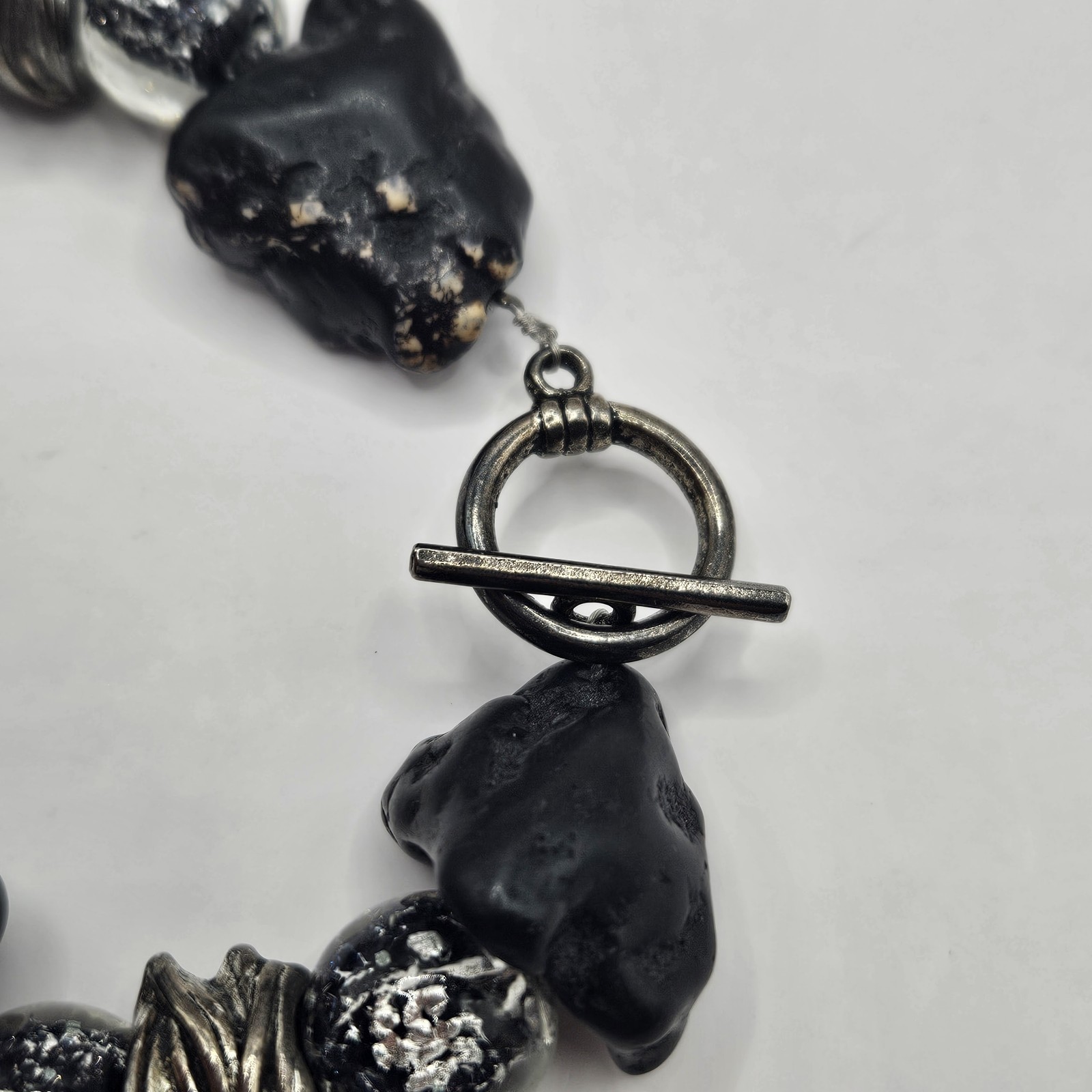 Handmade Lava Stone And Silver Foil Bead Bracelet Chunky Blue Black Boho Earthy