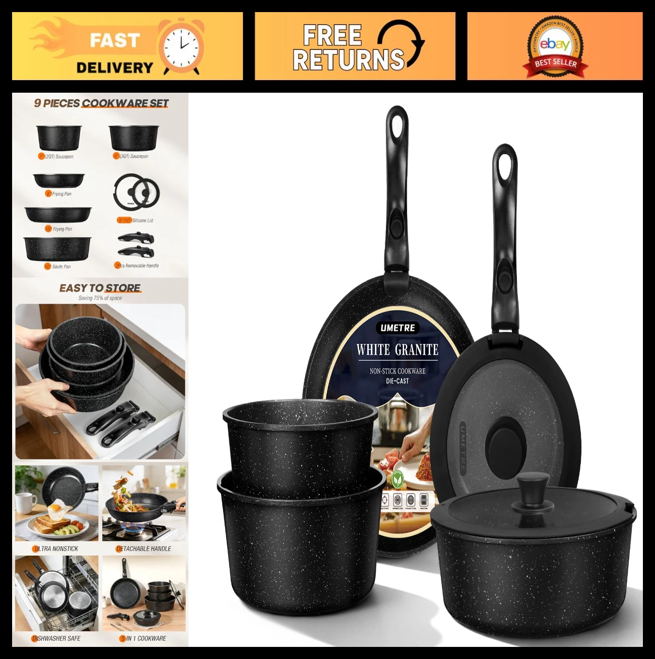 Nonstick Cookware Set 9 PCS, Removable Handle Induction Pots & Pans, Dishwasher