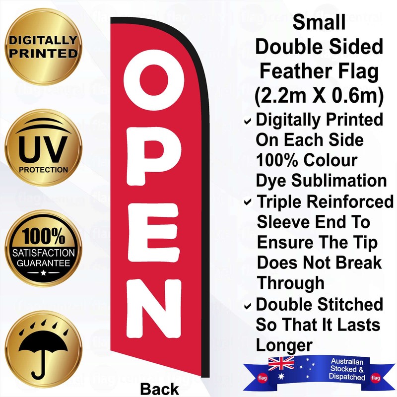 F - OPEN Deluxe Double-Sided Red 2.7m Feather Flag / Banner Kit with Pole Set, Steel Outdoor Cross Base and a Free Carry Bag - 2