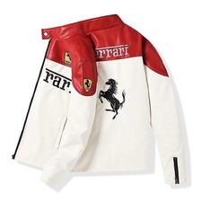 Trendy F1 Ferrari PU Leather Vintage Racing Jacket Embroidered Unisex Red/White