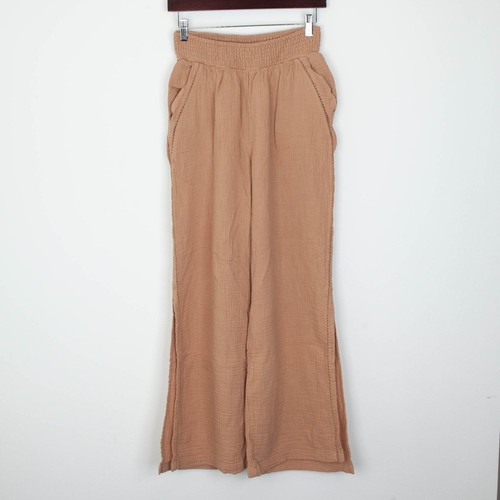 Aerie Womens Wide Leg High Waisted Gauze Pants Size S Tan Slits Pockets Beach
