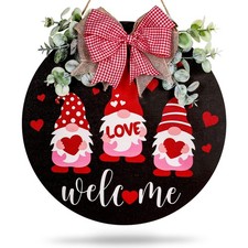 Valentine's Day Gnome Welcome Sign Wooden Love Heart Hanging Sign with Bow Rust