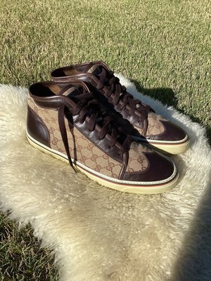 Gucci Men s Wingtip Brown Leather Canvas High Top  10.5 Fits 11 Or 11.5