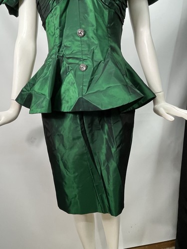 Vtg 80S Peplum Iridescent Green Rhinestone Buttons Puff Sleeve Dress Ruched S/M - Picture 9 of 13