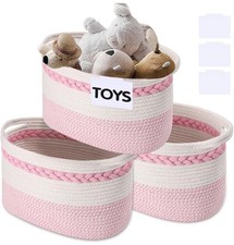 3 Pack Rope Basket, Pink Storage Baskets with Handle and Labels, 13x9x9 Inch...