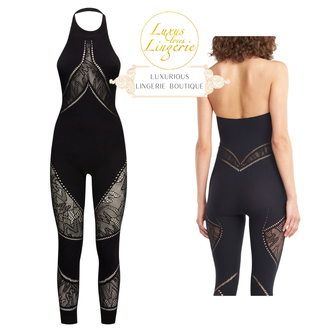 Sporty Logo Net Jumpsuit By WOLFORD M Black Neckholder One-Piece Net