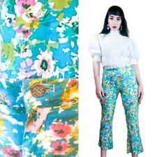 Vintage 1960s Flower Power Psychedelic Mod Hippie Floral Cropped Bell Bottoms