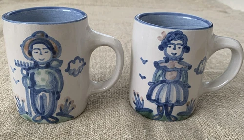 M.A. Hadley Pottery Hand Painted Mug Man & Woman Farmers The End Set of 2