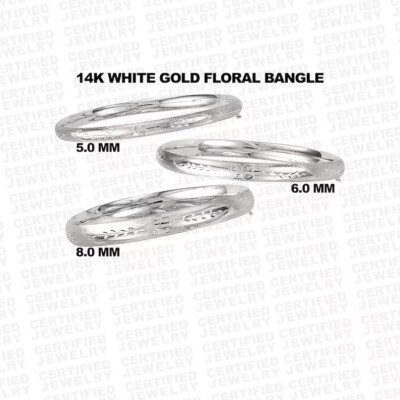 14K Weißgold poliert Floral Armreif Armband, 5 mm bis 8 mm breit, 7'' oder 8'' Zoll