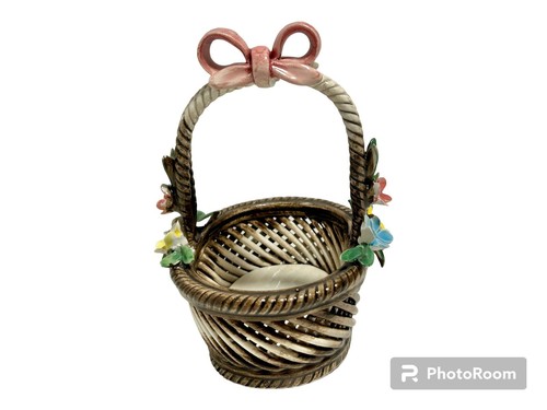 Capodimonte Small Porcelain Basket Bow And Flowers Brown Hand Painted 4” - Picture 2 of 8