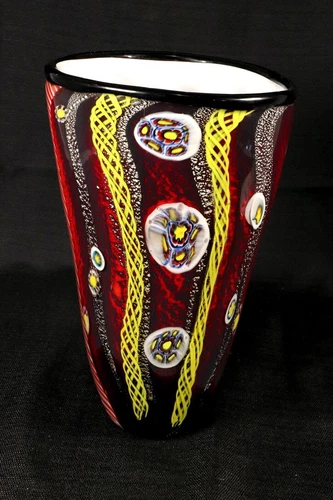 Stunning Vibrant Hand Blown Murano Swirl Art Glass Vase 10.5” Italy, Millefiori