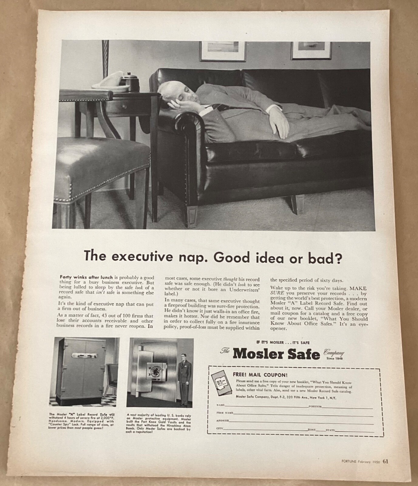 Mosler Safe Co print ad 1956 vintage 1950s art executive nap office business