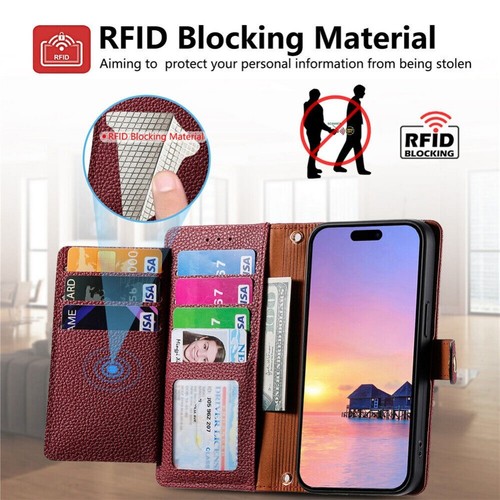 For iPhone 16 15 14 13 12 11 Pro Max RFID Zipper Leather Wallet Case Flip Cover - Picture 4 of 91