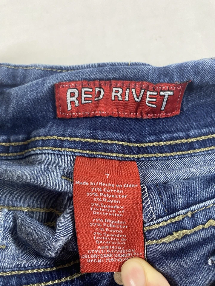 Pantalones Cortos Vaqueros Desgastados Rojo Remache Azul Bolsillos Traseros Talla 7 Foto 2 de 4