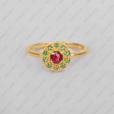 Ruby & Emerald Prong Set Ring , 925 Sterling Silver Gift For Handmade Jewelry