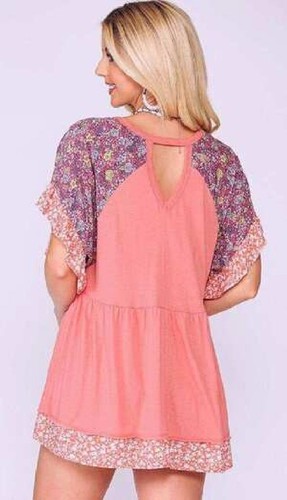 New GIGIO Size S M Rose Peach Floral Mix Ruffle Sleeve Pullover V Neck Top - Picture 4 of 8