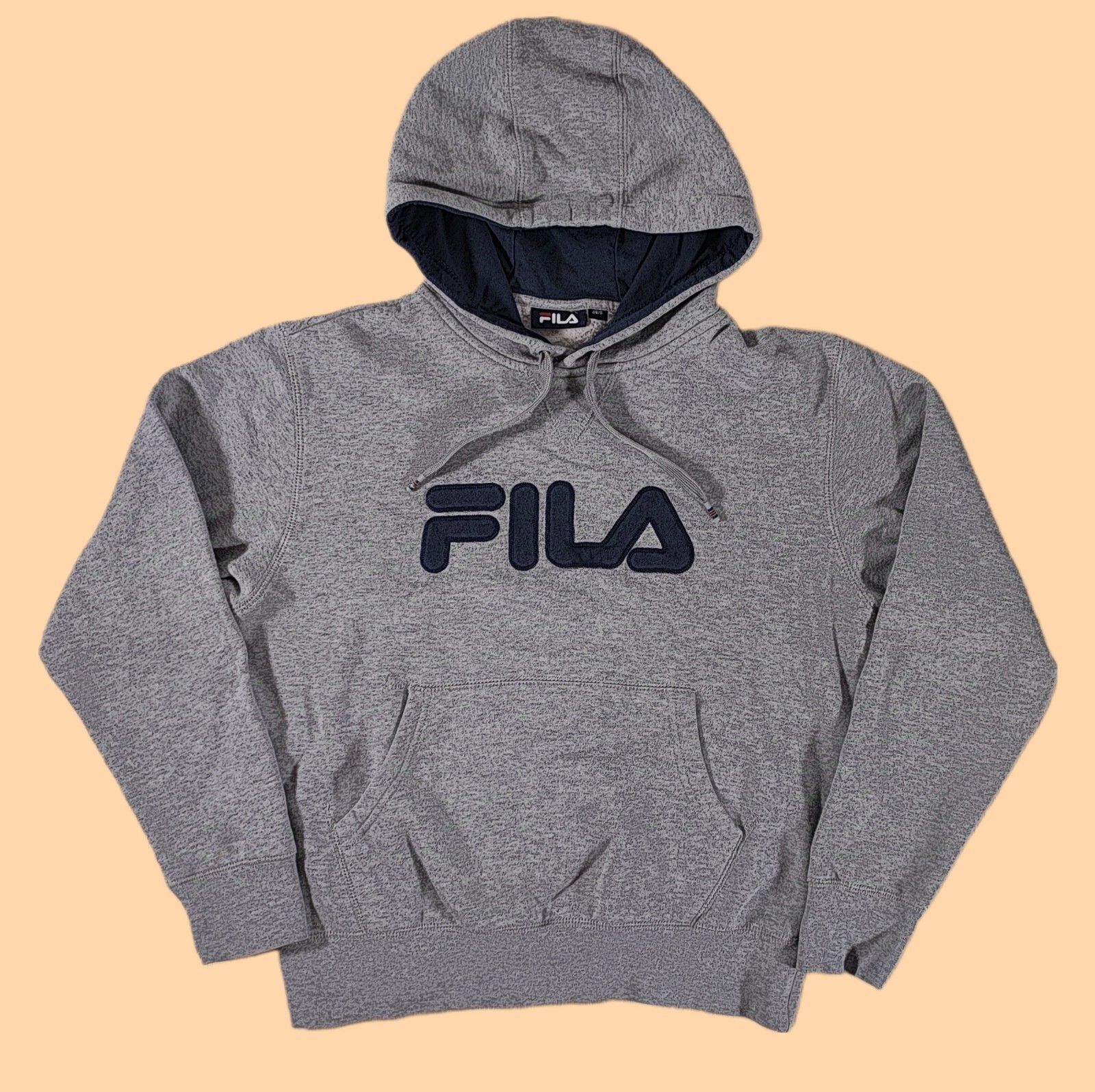Felpa con cappuccio pullover Spellout logo grande ricamato grigio classico Fila primi anni 00 piccola