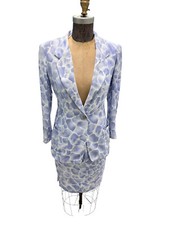 Vintage Emanuel Ungaro Blu9e White Tie-Dye Print 2 Piece Skirt Suit Size 40 Smal