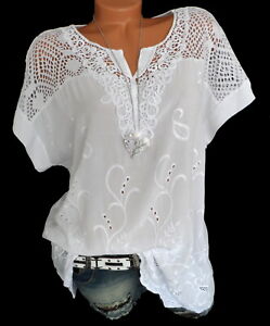 Weisse Tunika Shirt Bluse Bestickt Hakel Spitze Ubergrosse Grosse Grosse 42 44 Ebay