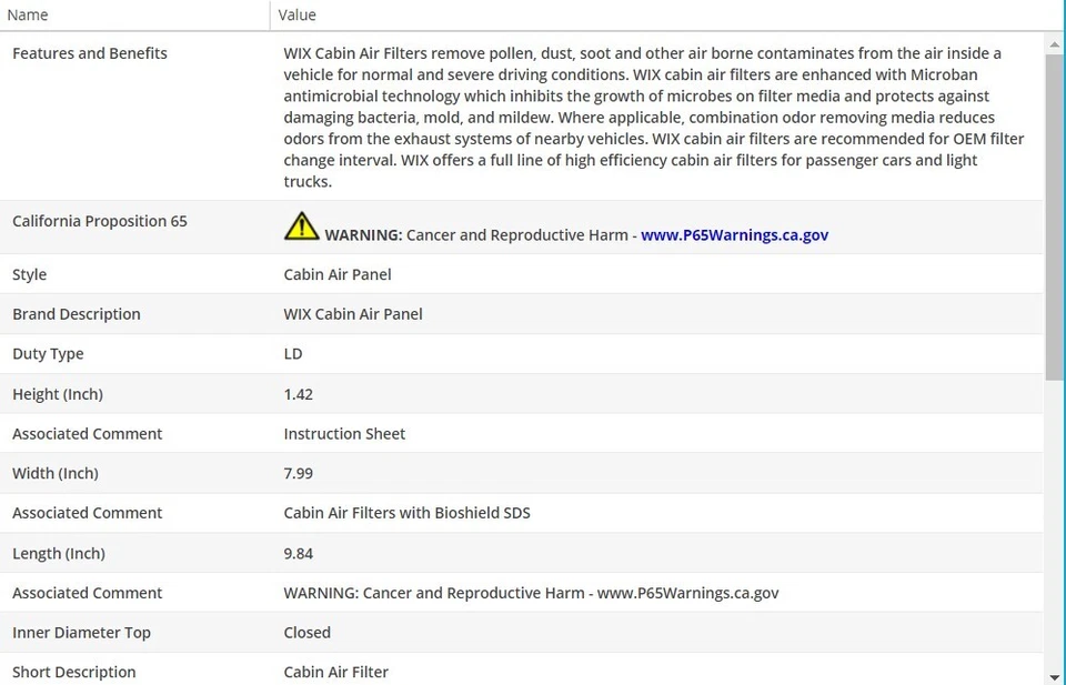 Filtro de aire de cabina OEM WIX para Ford Transit Connect 2014-2016 L4-1,6 L Foto 2 de 3