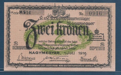 Österreich Ungarn Reich Erster Weltkrieg Kriegsgefangenenlager Nagymegyer 2 Kronen, 1916, UNC