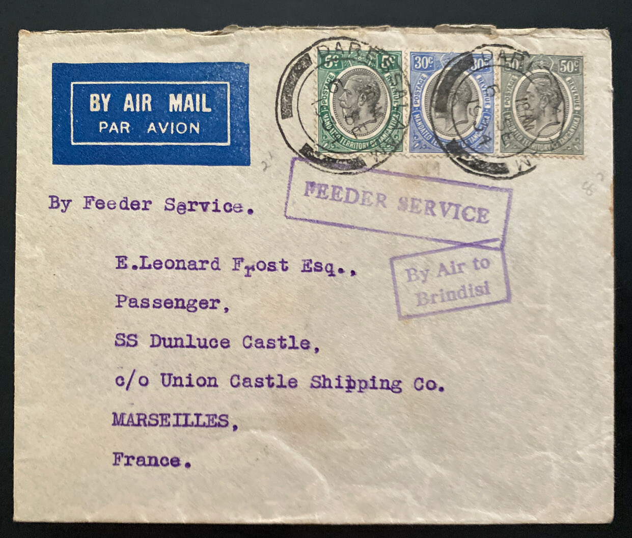 1934 Dar Es Salam Tanganyika Feeder Service Airmail Cover To Marseille