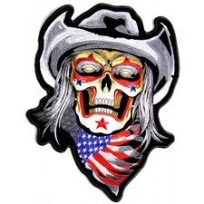 COWBOY SKULL IRON ON EMBROIDERED 5 INCH BIKER PATCH