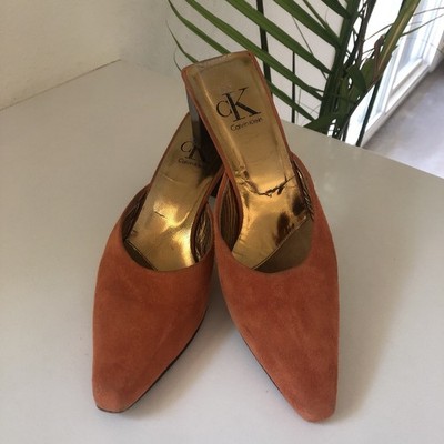 CALVIN KLEIN Made In Spain Rust Color Suede Mules Size 8 Med.  Wood Block Heel