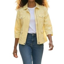 Chicos Lightweight Jacket Size 2 L 12 Light Yellow 4 Pockets 3/4 Sleeve Full Zip