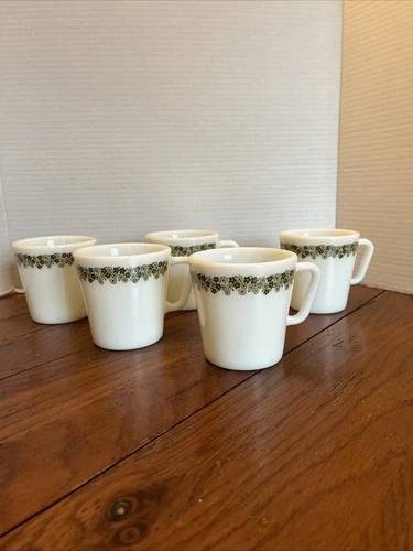 Lot 5 Vintage Pyrex #1410 Crazy Daisy Green Floral Milk Glass Coffee Cups