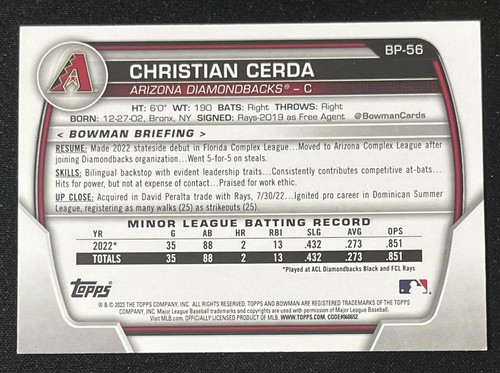 2023 Bowman #BP-56 Christian Cerda Prospects Arizona Diamondbacks - Picture 2 of 2