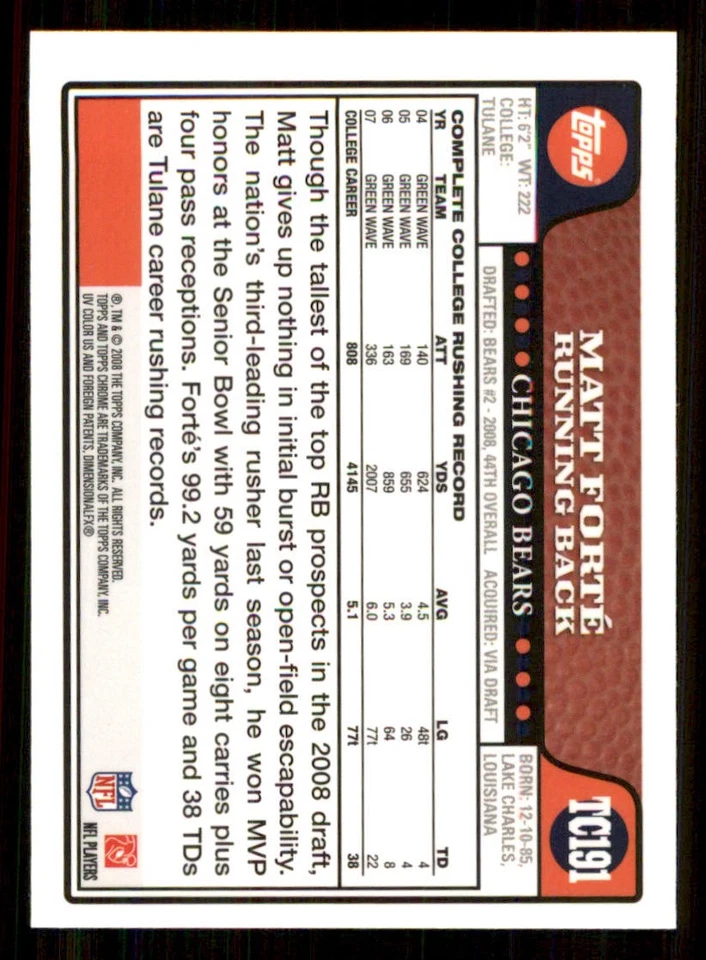 2008 Topps Chrome #TC191 Matt Forte RC - Image 2 of 2