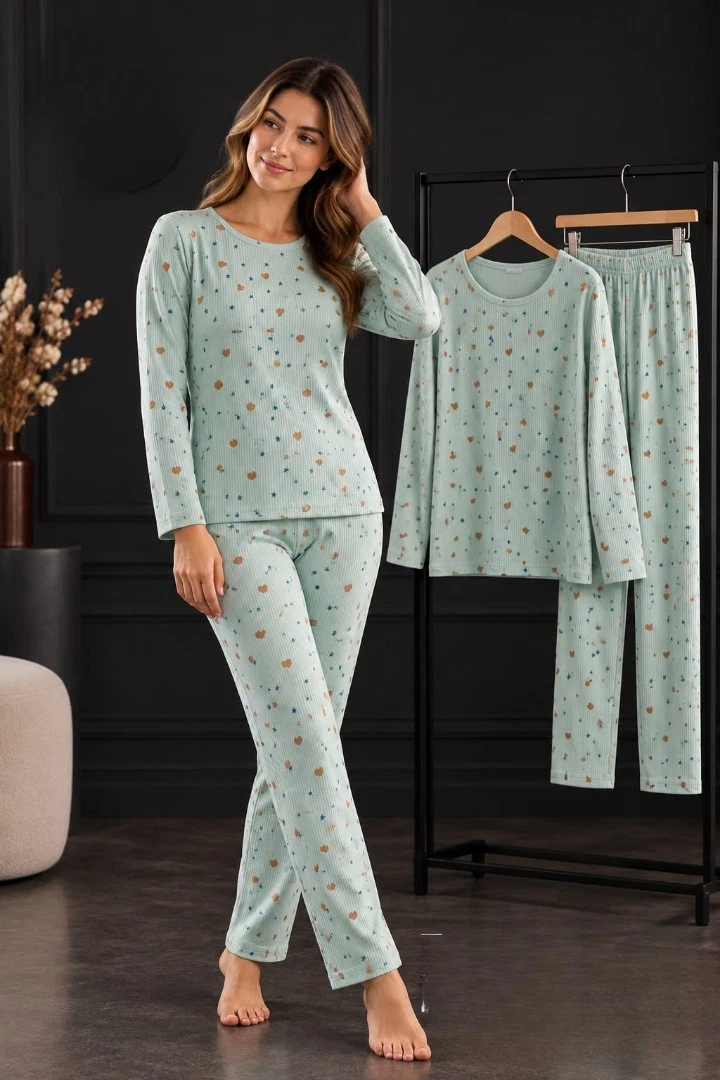 Damen Pyjama Schlafanzug Lang Warm Winter 2-Teiler Set L-88