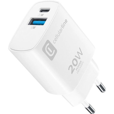 Cellularline USB-C 20W Dual Ladegerät Weiß (Apple)