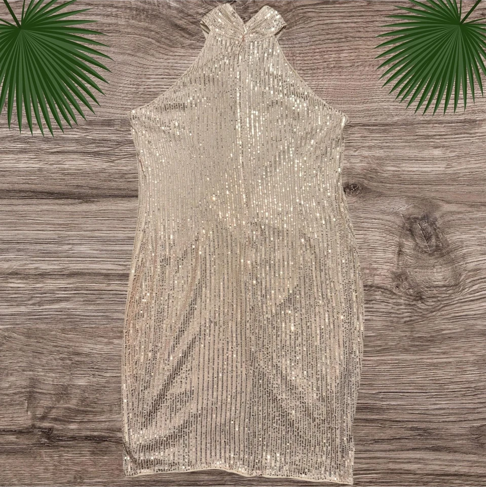 Grace Karin Dress Womens XL Tan Gold Halter Twist Neck Sequin Sparkly Evening  - Image 2 of 4
