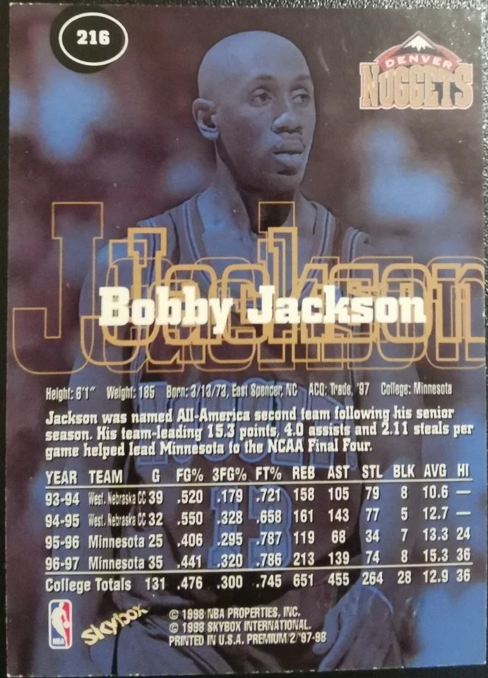 1997-98 SkyBox Premium / #216 Bobby Jackson / Denver Nuggets / Carte NBA - Photo 2/2