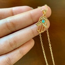 Small Hamsa Hand Crystal Evil Eye Bling Gold Fashion Jewellery Necklace