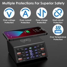 100W 8 Port Multi USB-C PD QC3.0 Fast Charger Phone Wireless Charging Station US