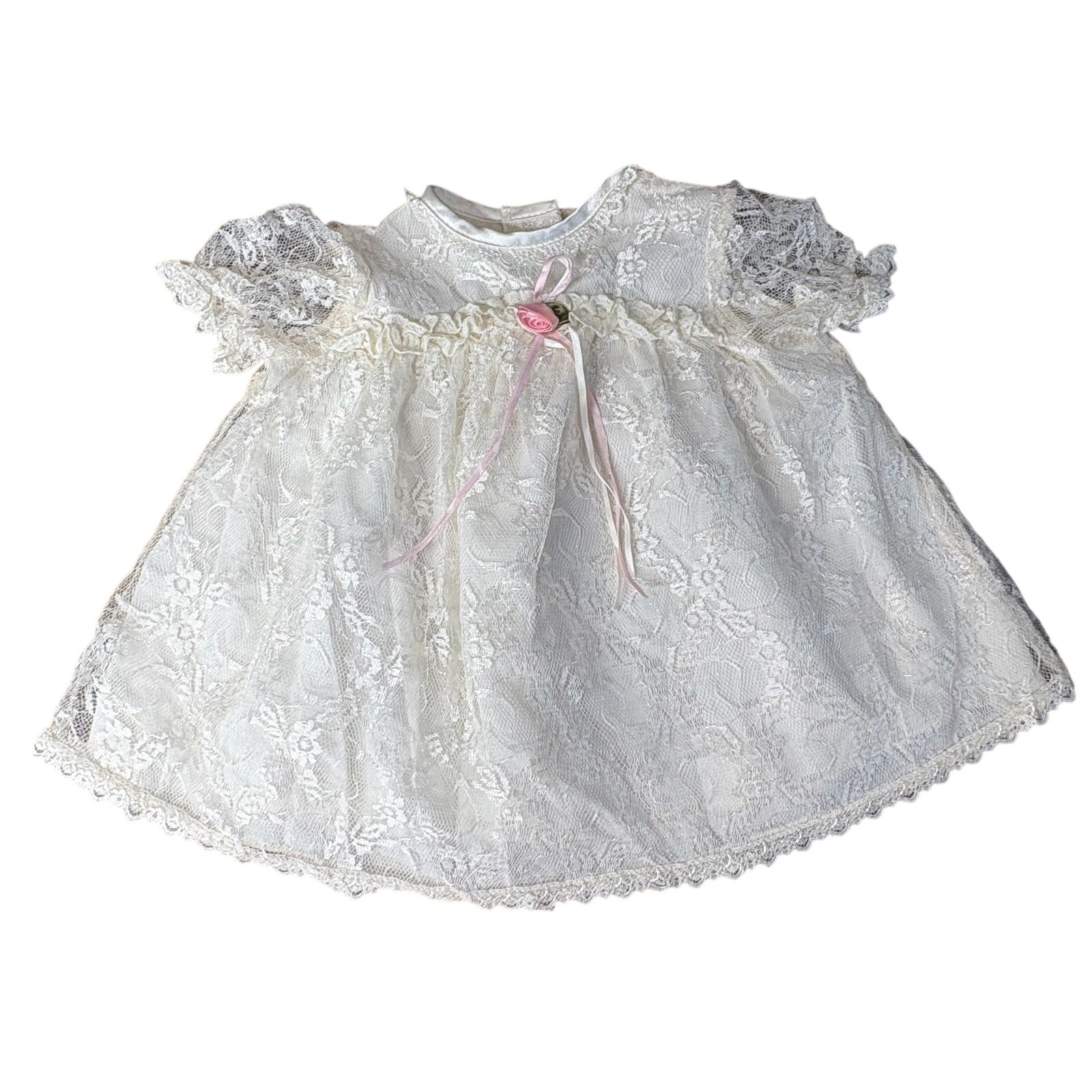 Vintage Brooke Lindsay Baby Dress Lace Ivory Pink Rose Ribbon Ruffles Size 6-9M