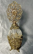 Gold Tone Filigree Perfume Bottle With Floral Accents1950s Hollywood Regency Era