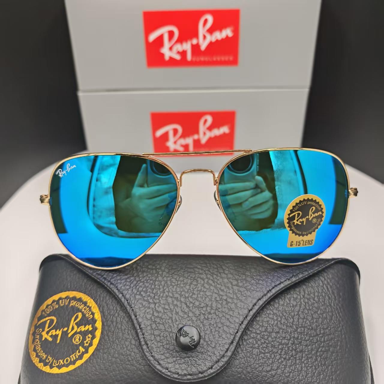 Nuovi occhiali da sole Ray-Ban RB3026 aviatore 138 mm montatura oro 62 mm lenti blu G15
