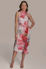 Donna Karan Cowl Neck Floral Asymmetric Satin Sleeveless Floral Dress Nwt 10