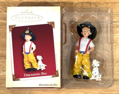 Vintage 2005 Hallmark Dreaming Big Fireman's Son & Puppy Christmas Ornament Box