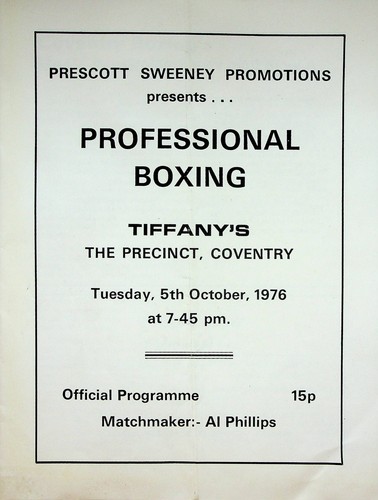 Programa de boxeo vintage 1976 Bobby Arthur v Jim Moore Huckfield Simpkin Coventr